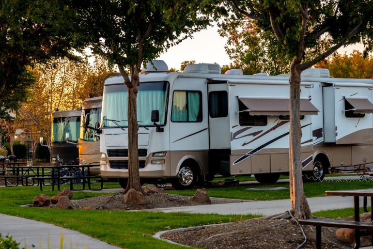 Class A motorhome parked at campground