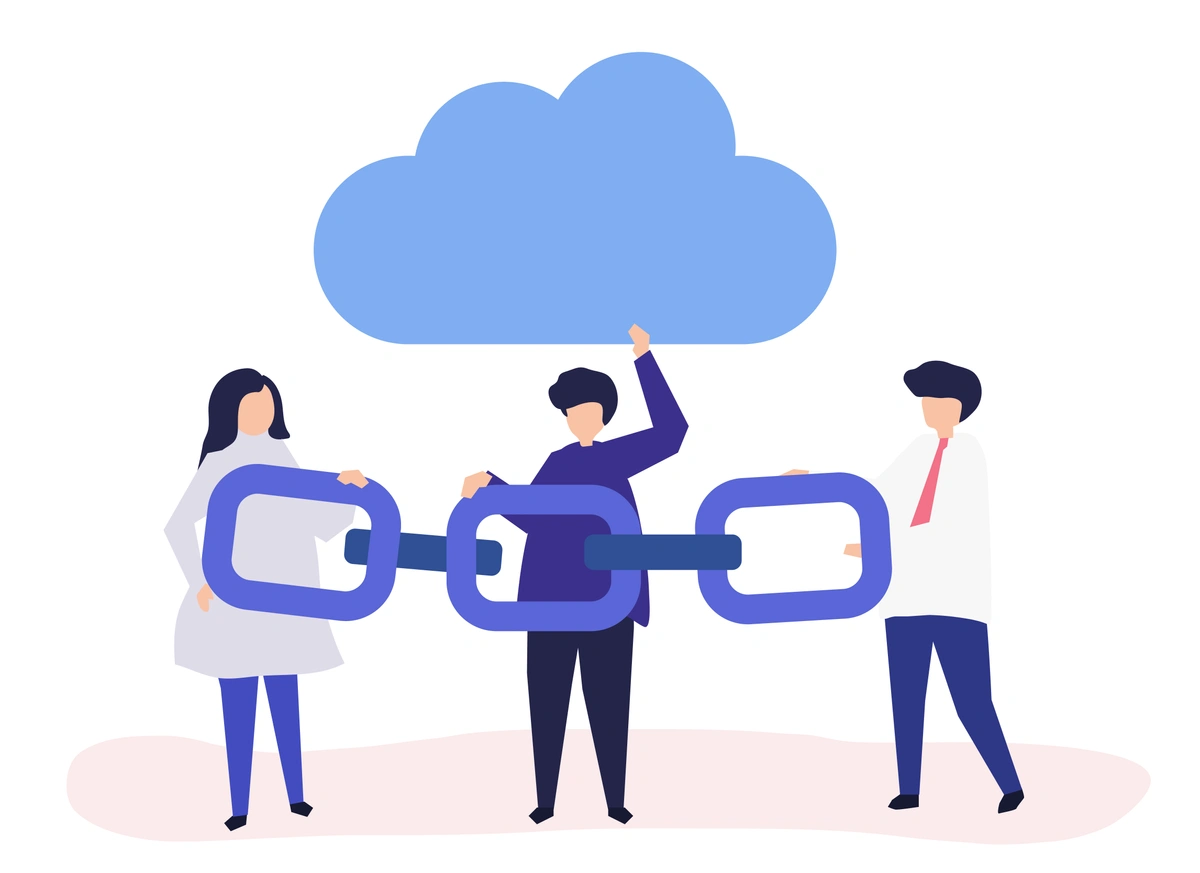 Team connecting large chain links under a cloud, illustrating cloud-based collaboration.