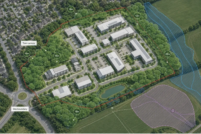 Aerial deDevelopment site map with tree canopy overlays, height markers and planning constraints.