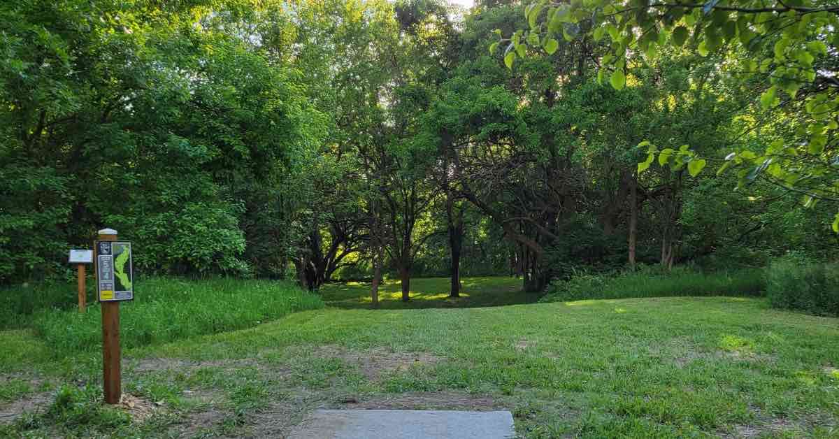 A concrete tee leads to a tightly wooded disc golf fairway