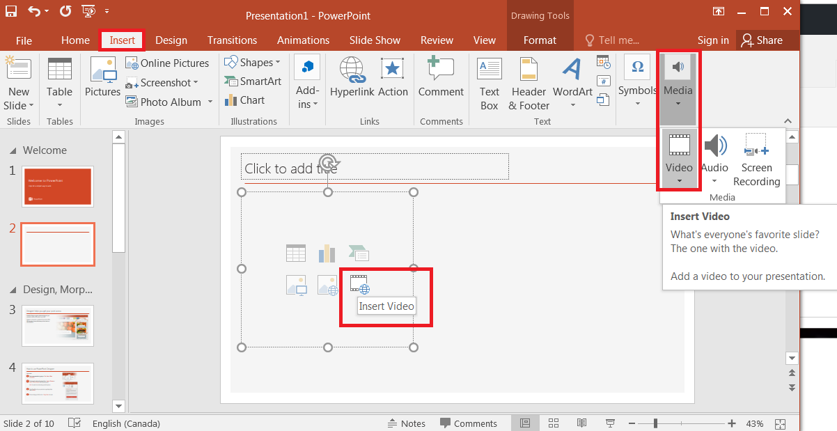 screen capture of inserting a video into PowerPoint