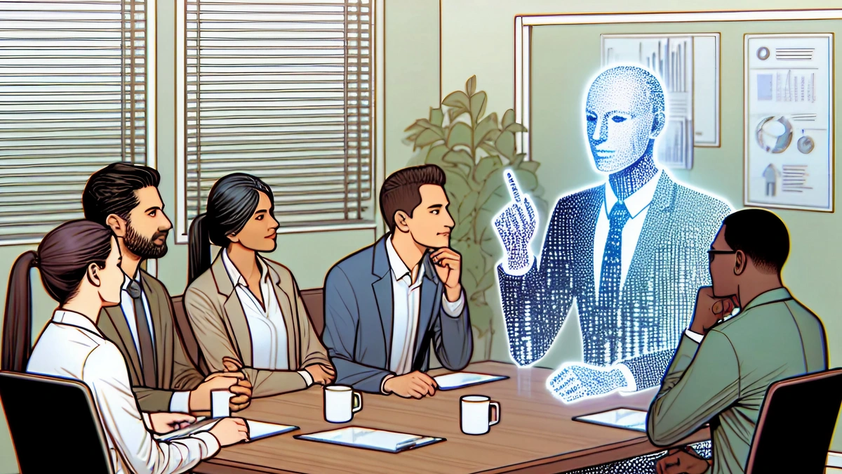 A group of professionals in a meeting with a holographic figure presenting, indicating a futuristic or technologically advanced setting