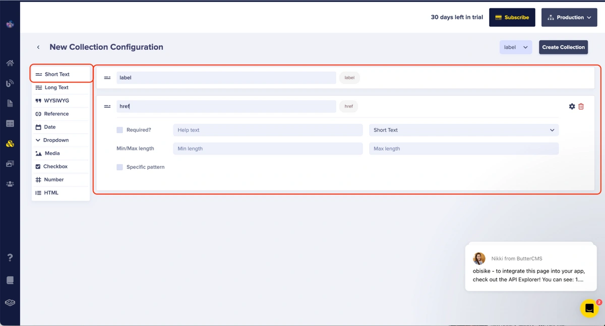 Menu Item collection configuration