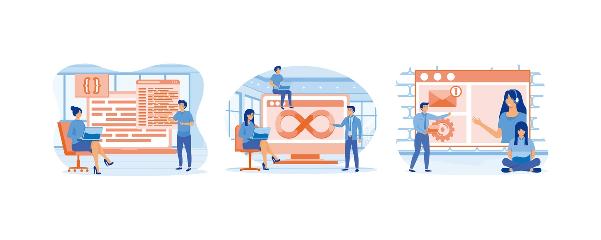 Isometric illustrations of professionals collaborating on software development and operations tasks.