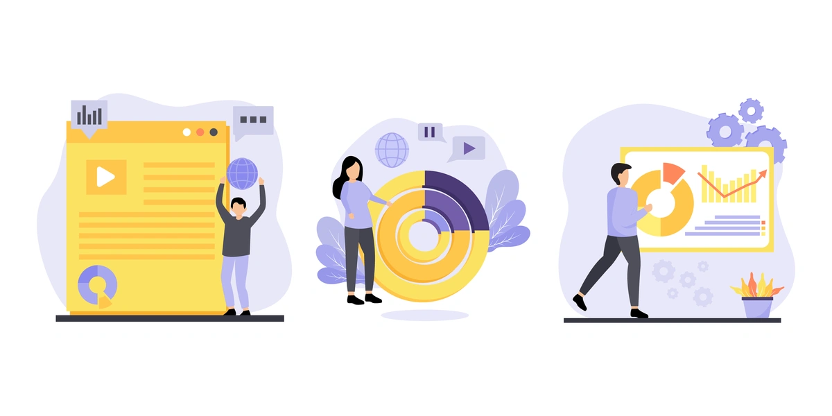 A sequence of flat design illustrations representing digital marketing elements, with people interacting with oversized web page elements and analytics charts.