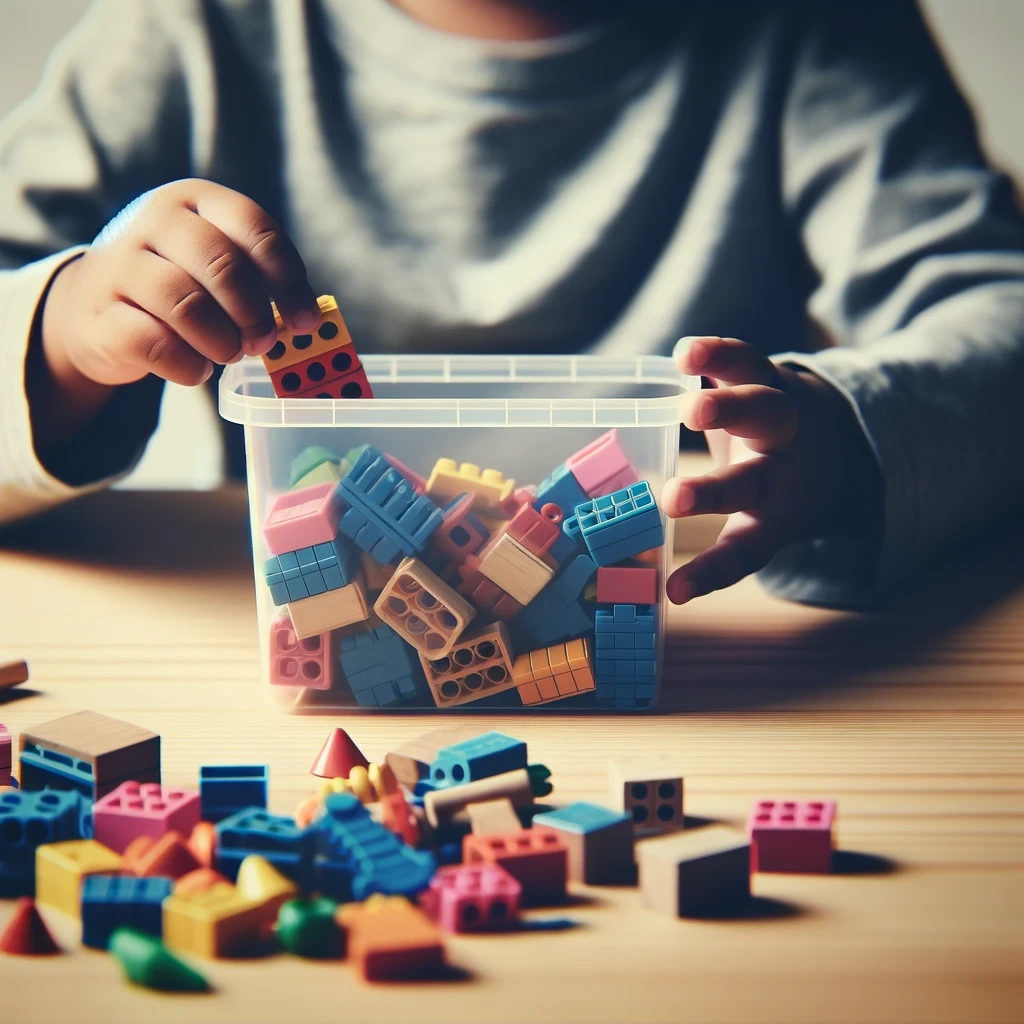 DALL·E 2024-01-31 19.56.28 - An image of a child participating in a Give-N test. The child is placing a specific number of objects, like blocks or toys, into a container, counting.webp