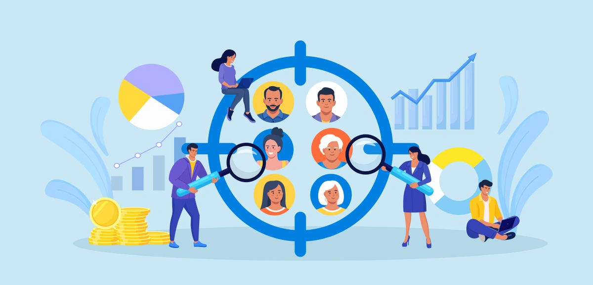 A graphic of diverse professionals connected through a targeting reticle, surrounded by financial icons and data charts, representing targeted team collaboration or customer focus.