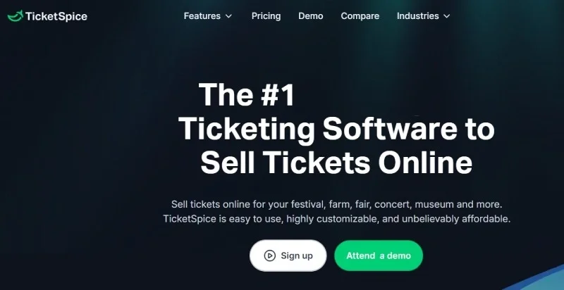 TicketSpice customizable ticketing software homepage for festivals and events