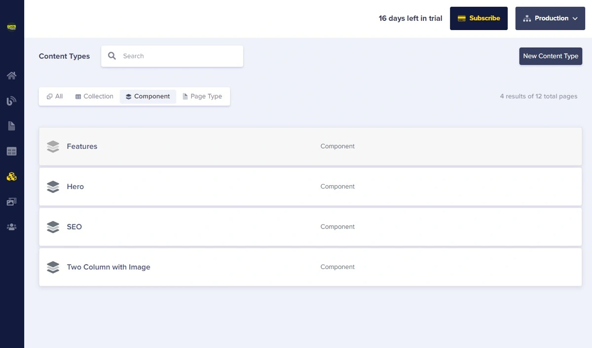 Content types listed in the ButterCMS interface