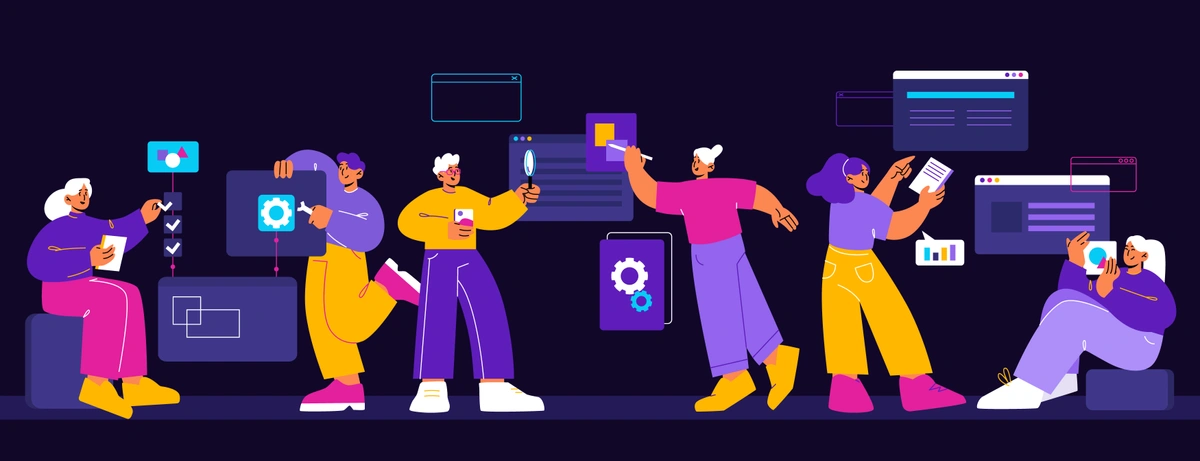 A vibrant illustration of diverse people collaborating and interacting with various digital elements and interfaces, symbolizing teamwork in technology.