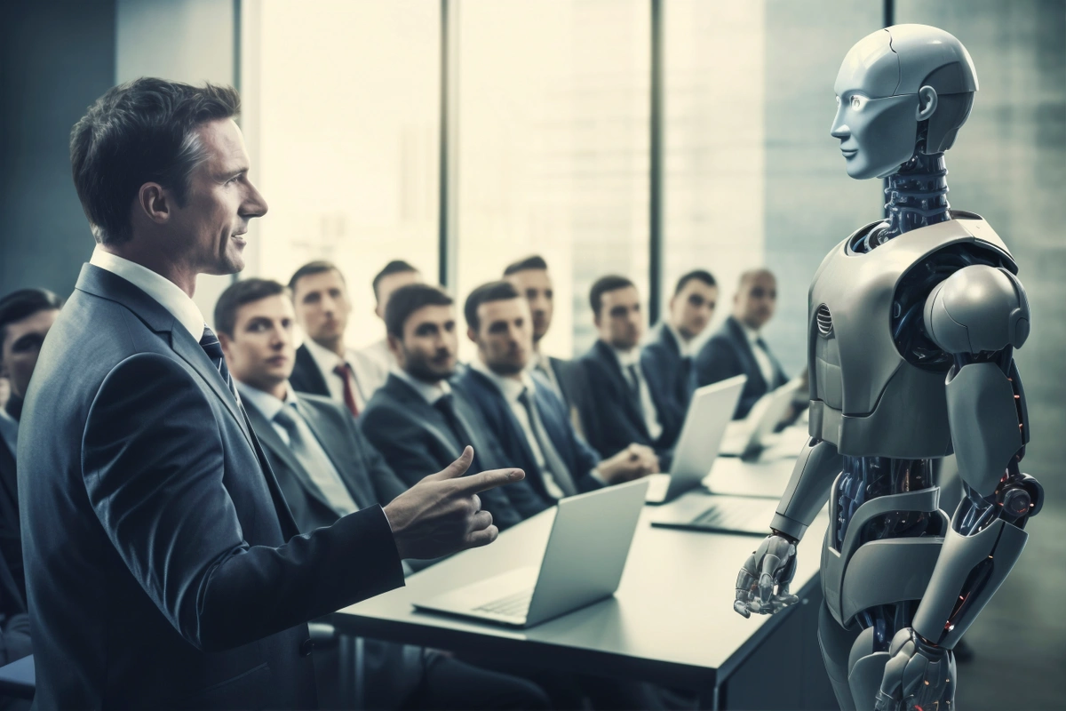 Group of business professionals attentively listening to an AI robot during a meeting in a modern office setting.