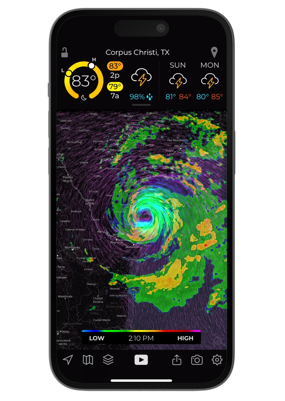 Screenshot of the MyRadar app showing temperatures and weather imagery