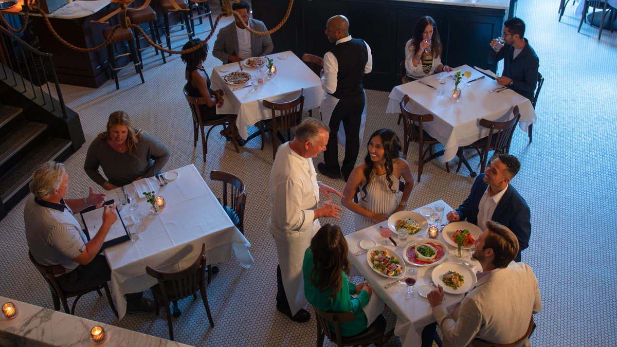Overlook of guests enjoying dinner in Birmingham restaurant, Bottega.