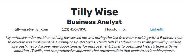 A resume summary for a business analyst with 5 years of experience