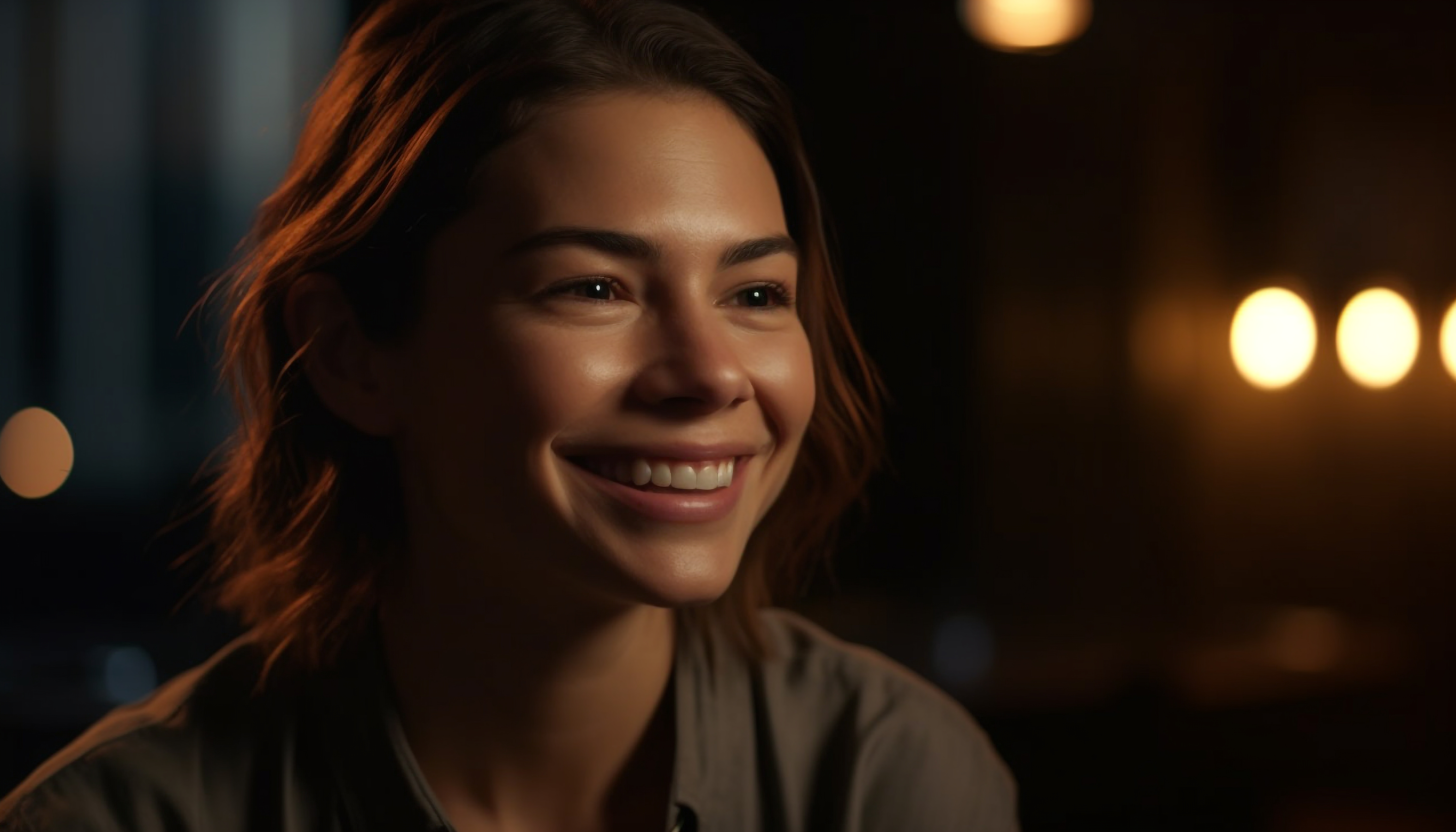 A young woman smiling and looking at the camera, with a warm, dimly lit background.