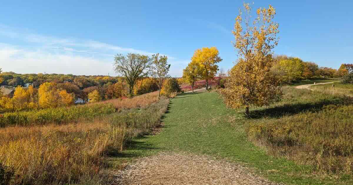 A mowed disc golf fairway with high grass on both sides and a slope downward to the right. Fall colors everywhere