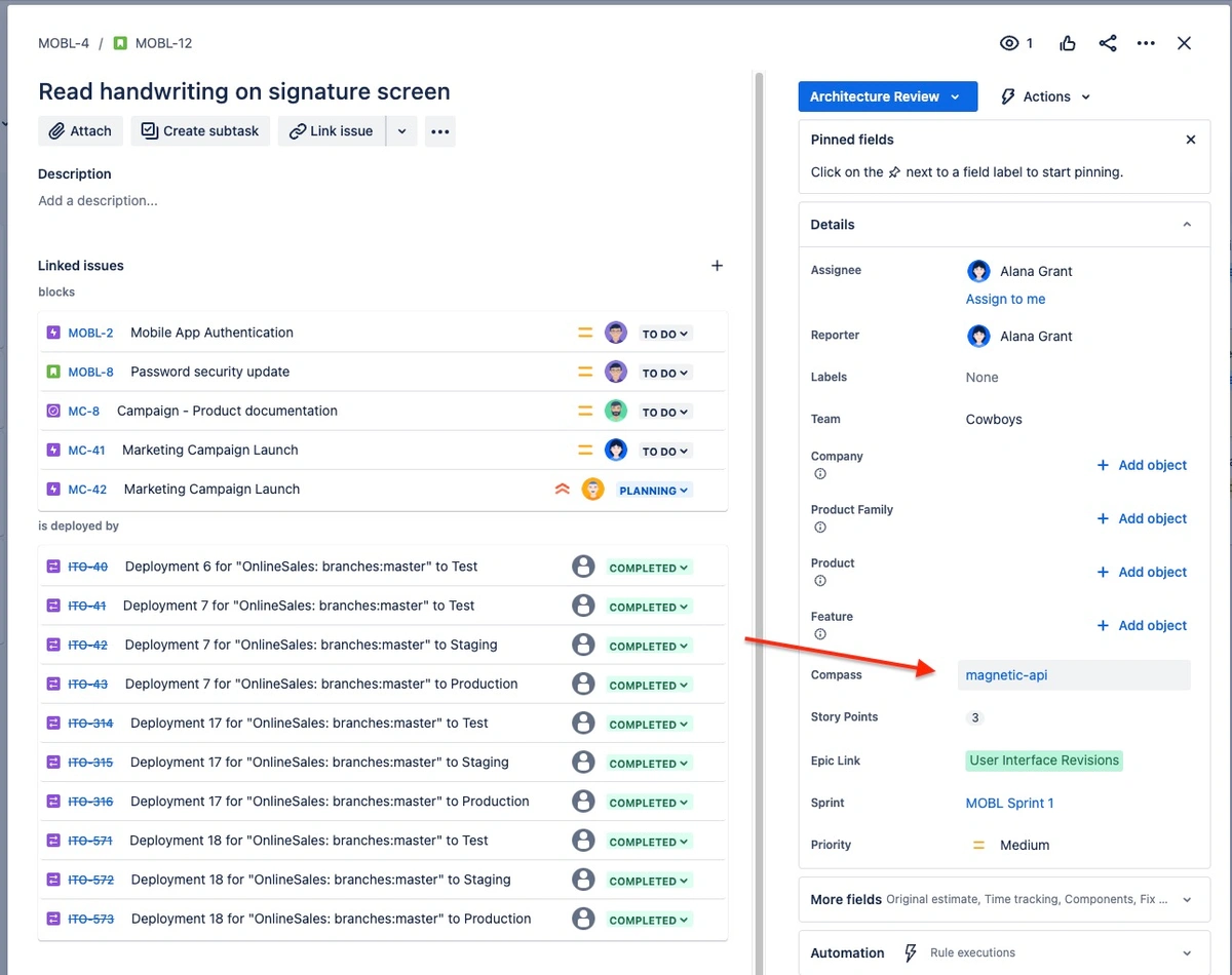 Screenshot from a task management system showing linked issues, deployment details, and a pinned field section. The 'magnetic-api' component is highlighted, showing its association with a task for reading handwriting on a signature screen.