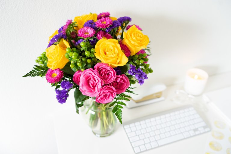 Sunrise Bouquet with Purple and Yellow Flowers