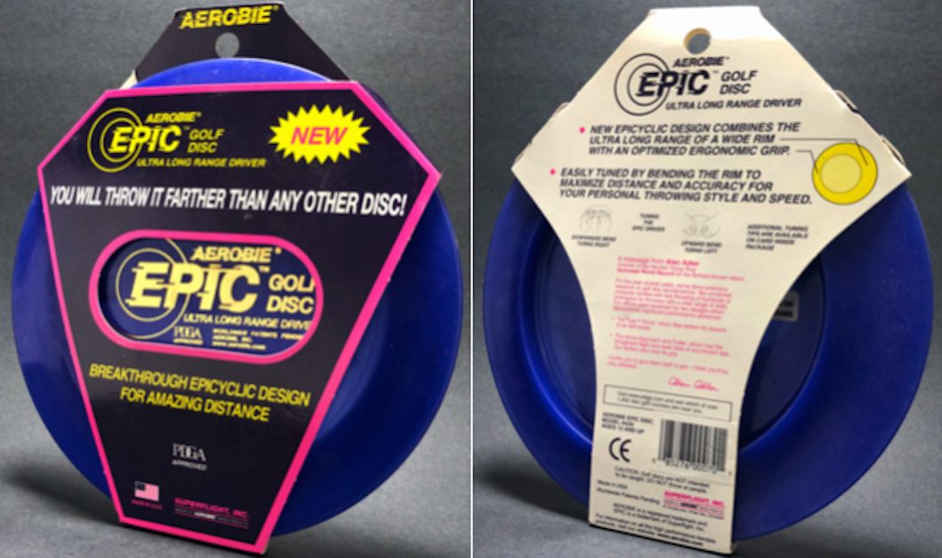 A blue Aerobie Epic disc still in original packaging from front and back