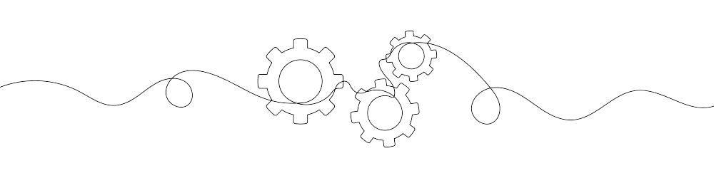 A minimalistic black and white image of a sine wave intertwined with mechanical gears, representing a fusion of natural waveforms and industrial technology.