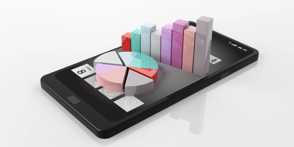 A 3D illustration of a smartphone displaying a pie chart and bar graph, representing data analytics or mobile business statistics.