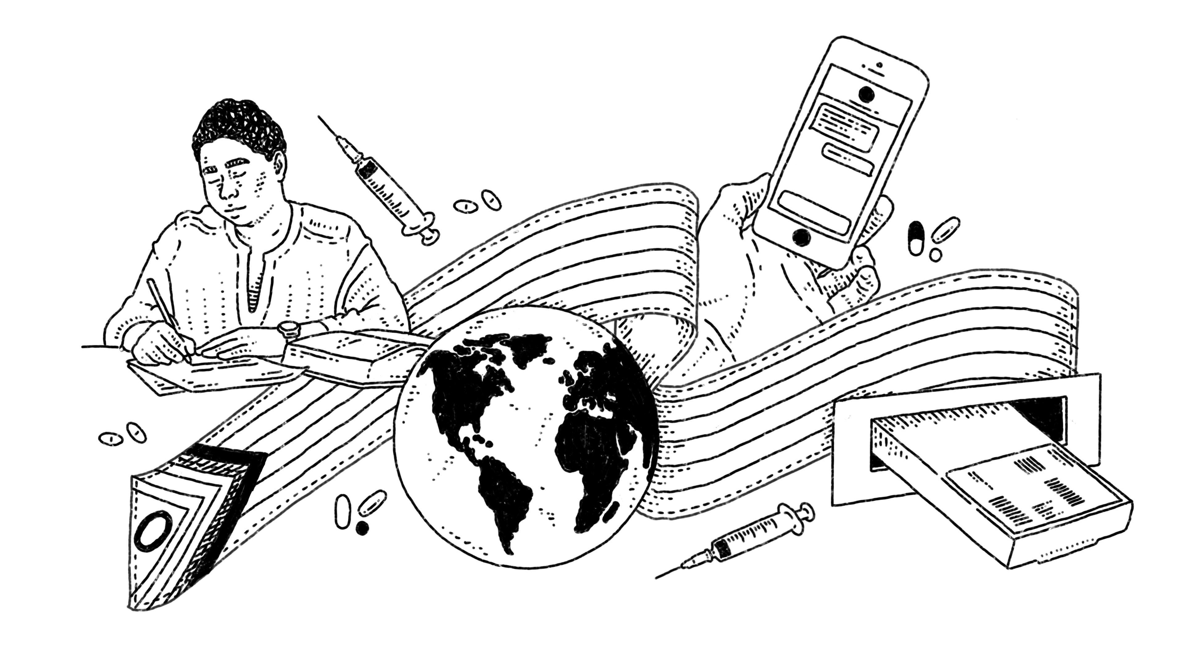 A researcher writing a scientific text, a globe, an iPhone with a text message conversation open, and a package coming in through a person's door along a transgender flag surrounded by syringes and GAHT medication.