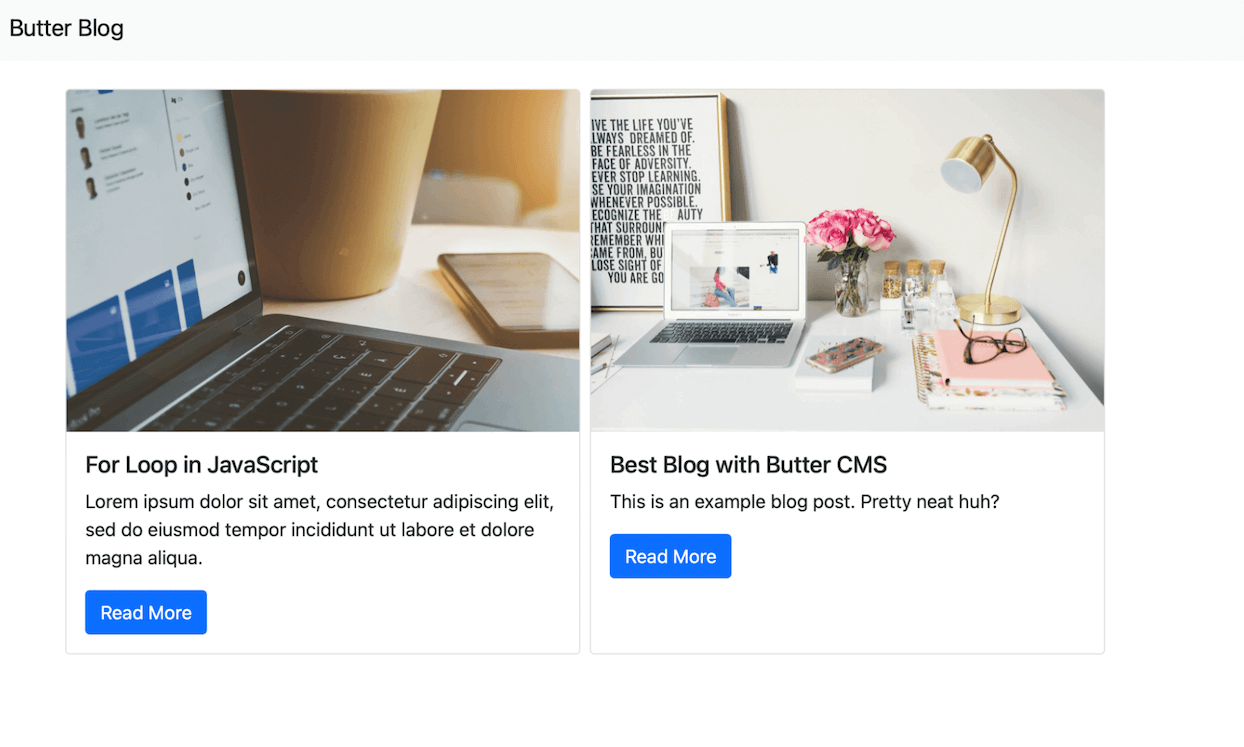 A blog homepage with two cards built with ButterCMS