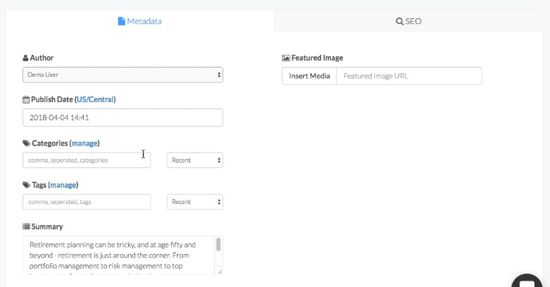 The Metadata tab of our blog engine