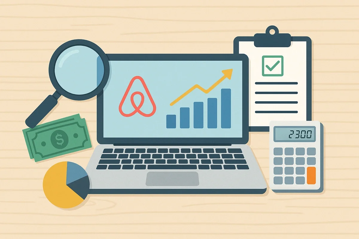 A laptop displaying Airbnb analytics surrounded by a magnifying glass, calculator, cash, pie chart, and clipboard, representing how to evaluate if an Airbnb property will be profitable.