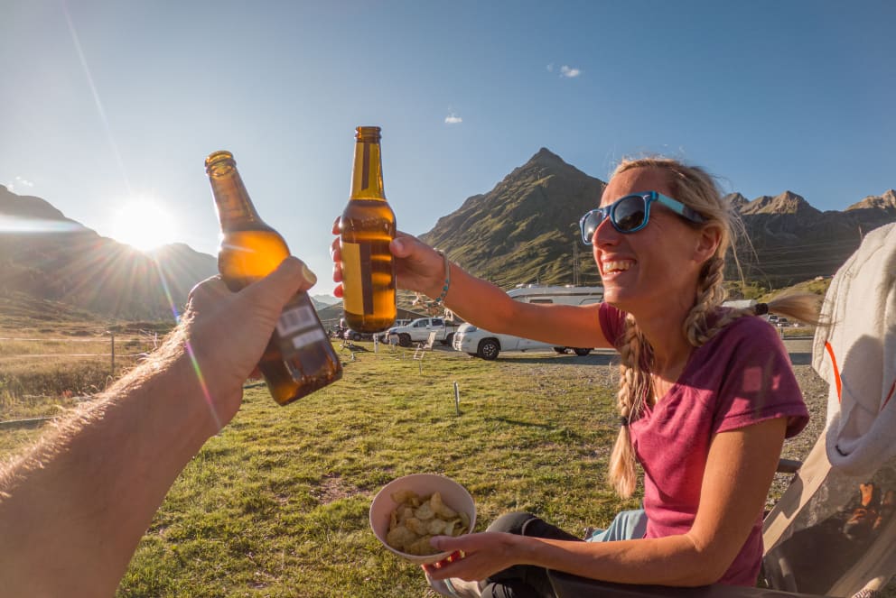 friends meet up for drinks in the mountains