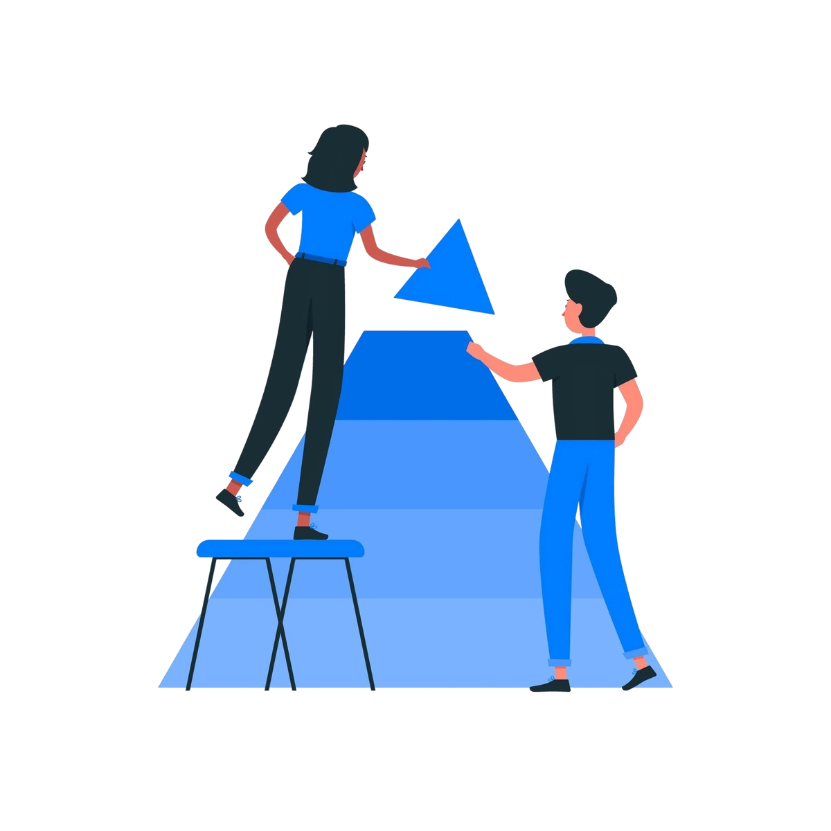 Two people working together to place a triangular piece onto a structured diagram.