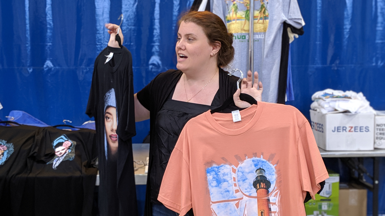 M&R's Michelle Moxley shows off Digital Squeegee printed t-shirts