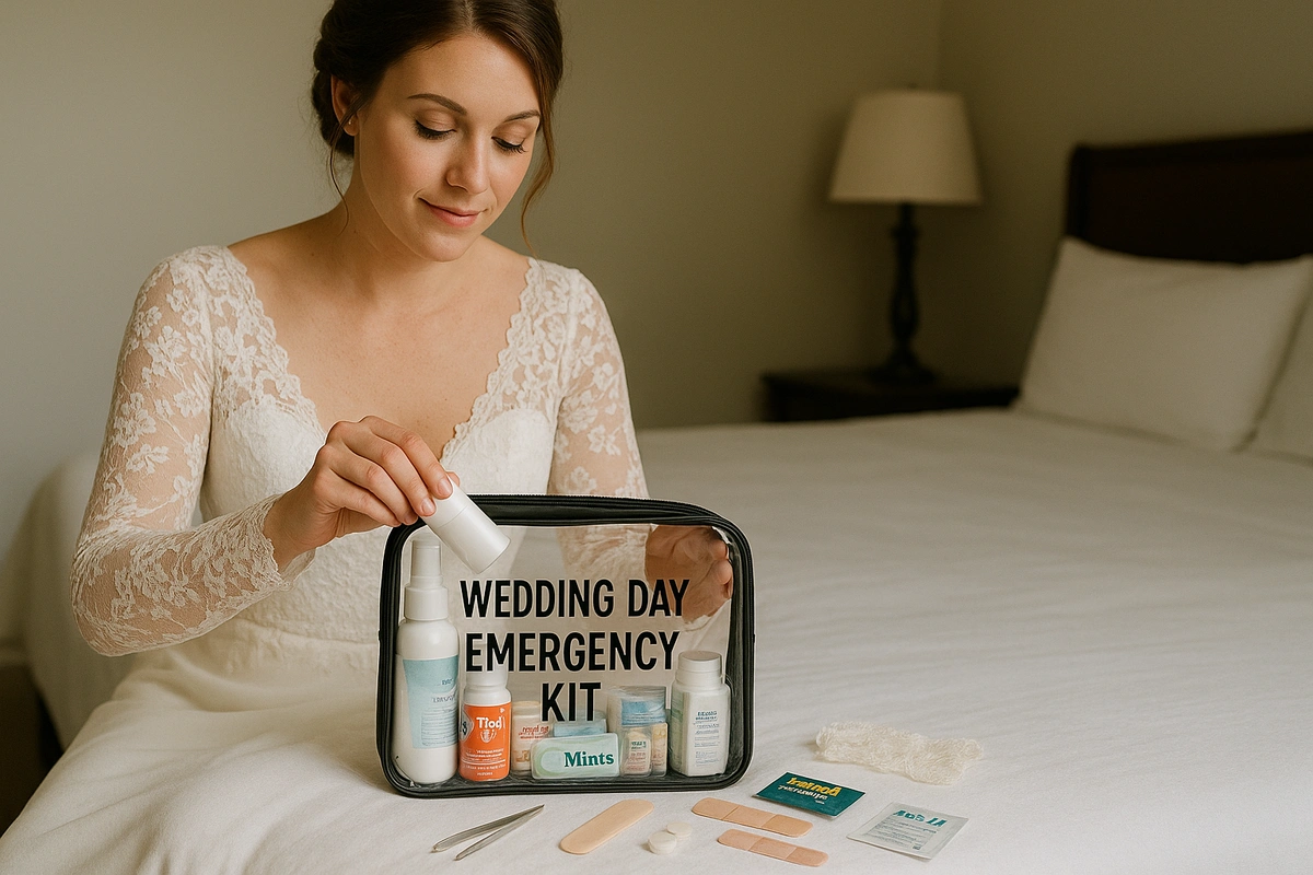A bride unpacking her wedding day emergency kit on wedding day.