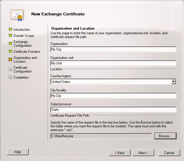 Exchange 2010 new exchange certificate organization and location