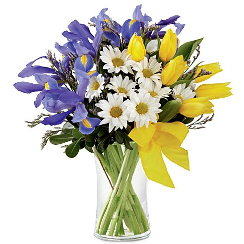 Iris yellow tulip and white daisy bouquet