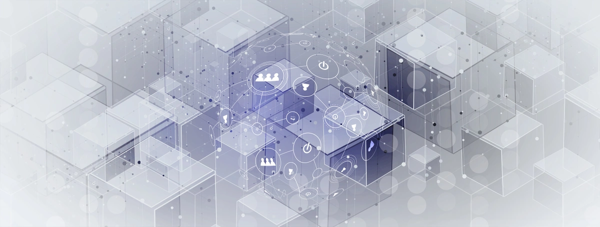 An abstract representation of a networked data structure with various communication icons, depicting connectivity, data management, or a digital ecosystem.