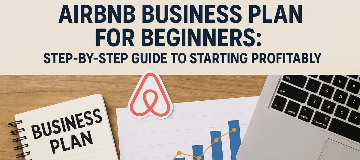 A business planning workspace with a notebook labeled “Business Plan,” a rising bar chart, a laptop keyboard, and an Airbnb logo representing creating a profitable Airbnb business plan.