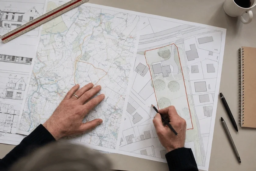 Architect reviewing a site location plan and block plan with a red boundary line, surrounded by planning drawings and drafting tools.