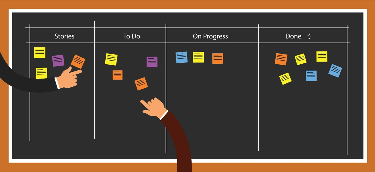 A digital illustration of a Kanban board with sticky notes in various colors categorizing tasks into "Stories", "To Do", "On Progress", and "Done" columns, with hands pointing and placing notes, representing task management and agile methodologies.