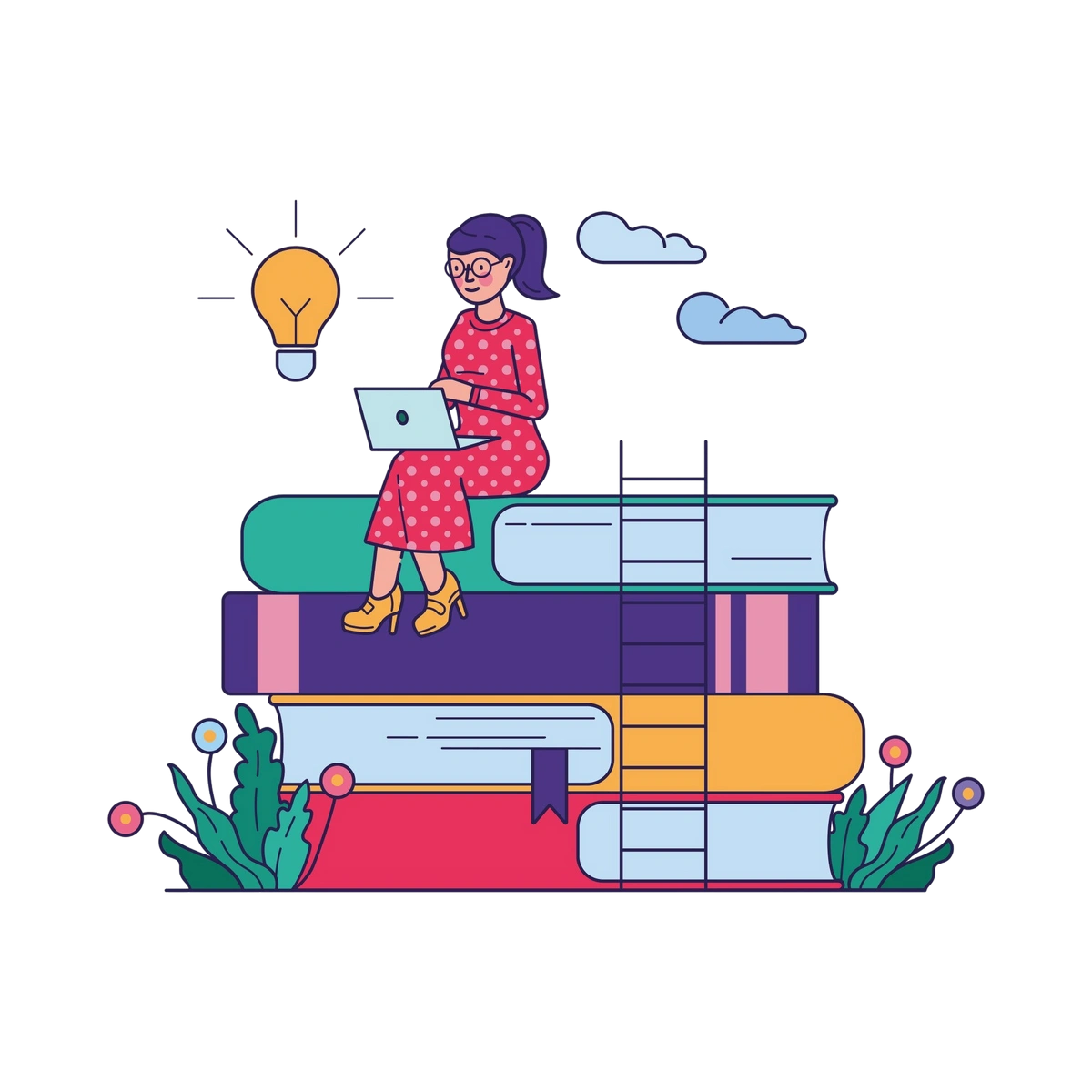 Woman sitting on stacked books with a laptop, symbolizing online learning and knowledge.