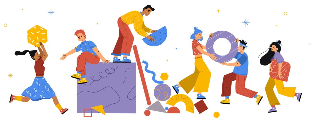 Cartoon image of a diverse group of team members collaboratively assembling blocks and various shapes, symbolizing teamwork and cooperation. The team members, representing different genders and ethnicities, work together harmoniously, fitting different pieces together to form a cohesive structure, depicting the concept of unity and collaborative effort in a team setting.