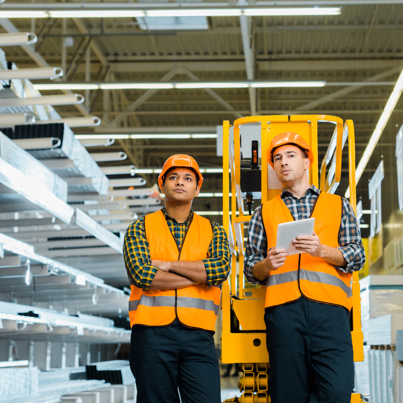 Warehouse Workers Standing in Front of a Scissor Lift