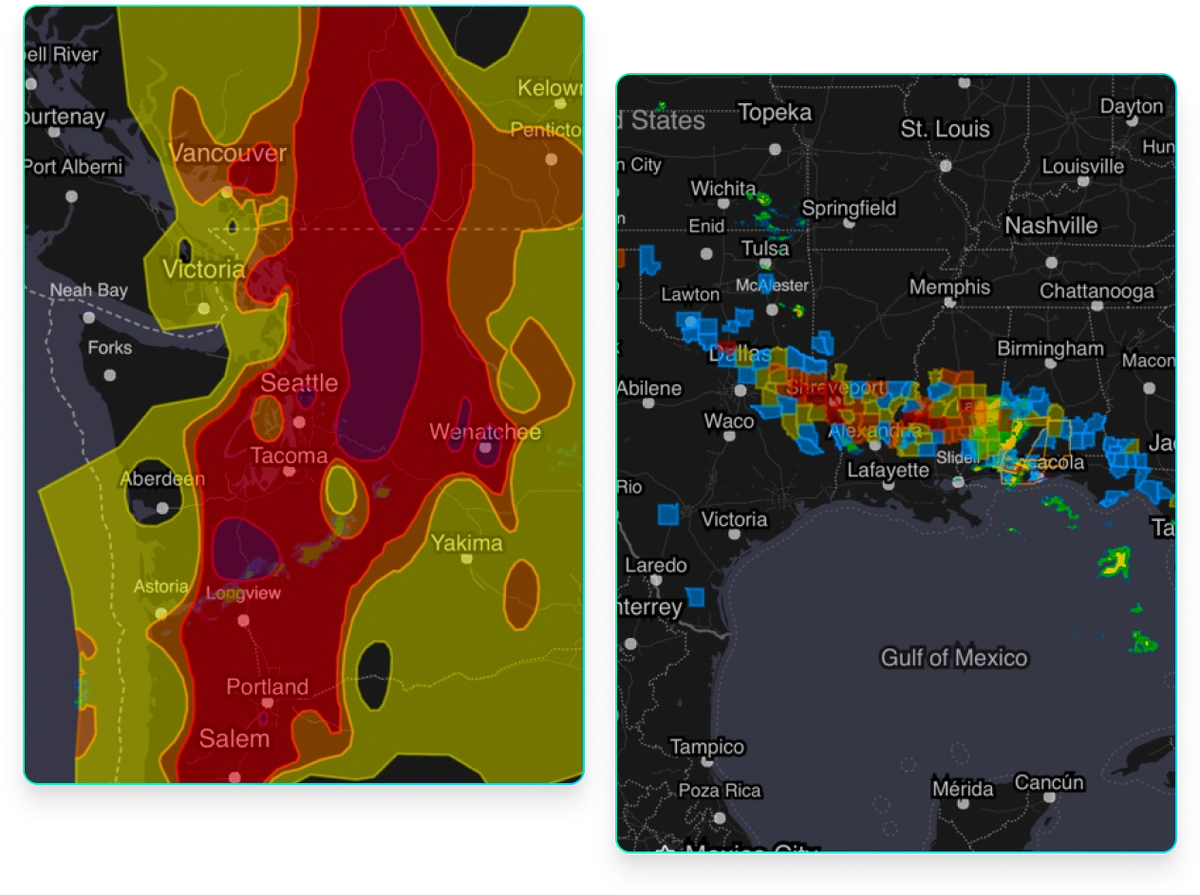 Screenshots of weather data in the MyRadar application