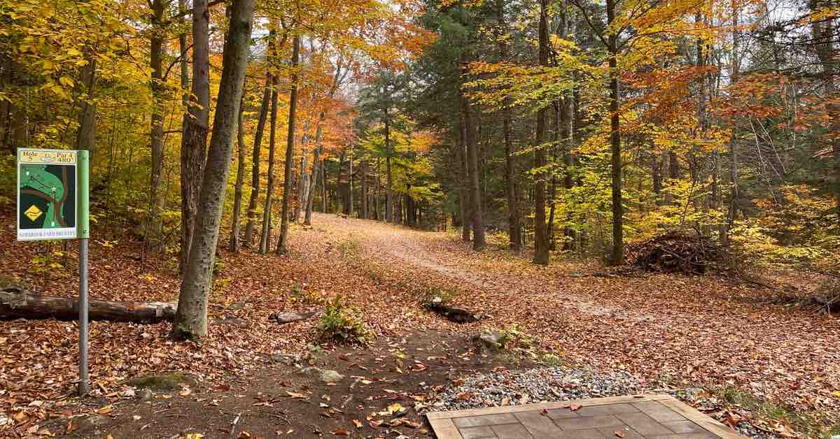 A disc golf tee pad leads to a wooded fairway in fall colors.