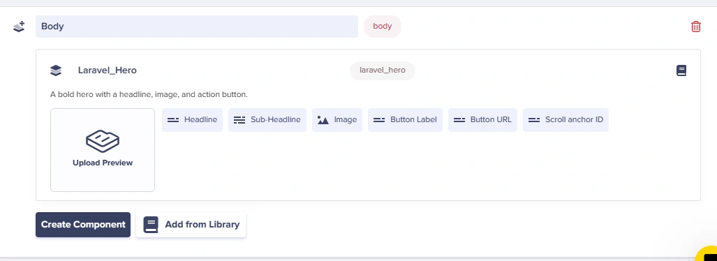 Laravel_Hero component added to the Body component picker