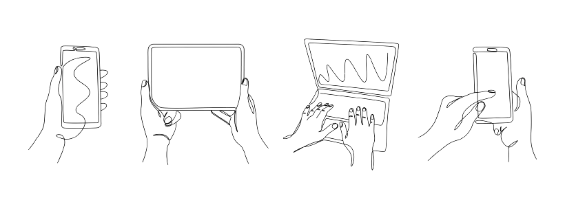 A continuous line drawing in black and white, showing hands holding various devices: a smartphone, a tablet, a king's crown, and another smartphone, symbolizing the diversity of technology use....