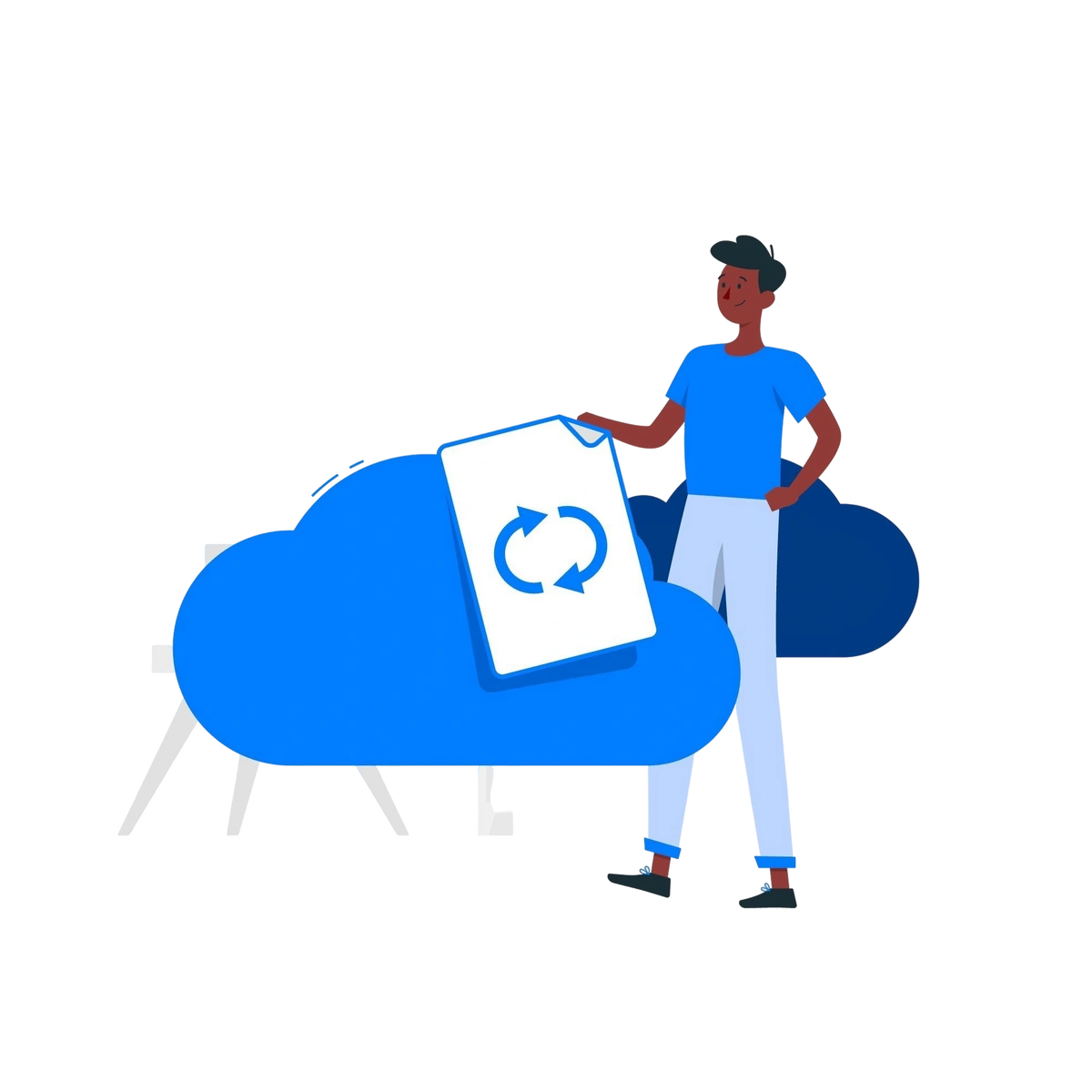 Illustration of a person managing cloud data synchronization, standing next to cloud storage icons.