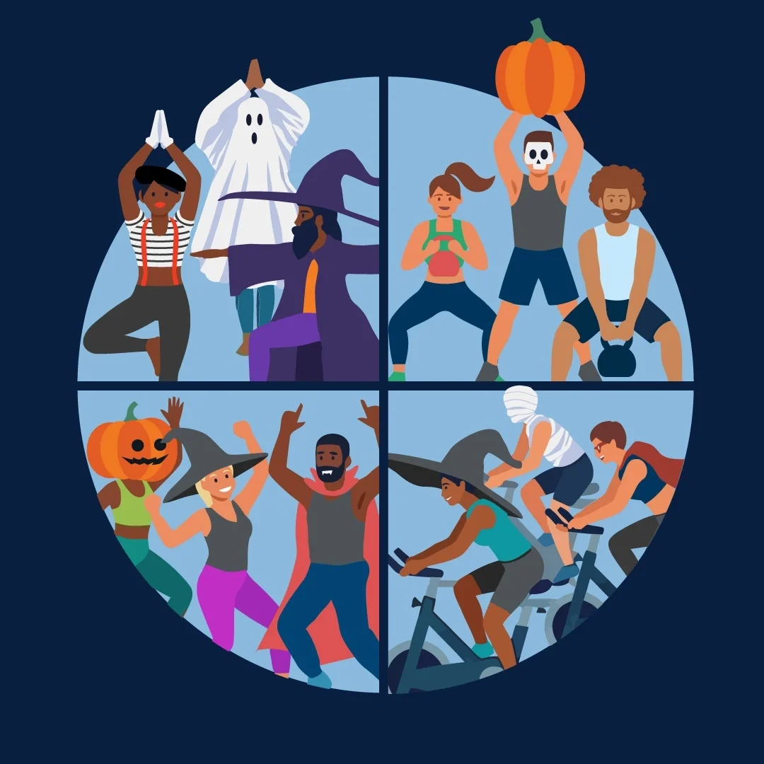 Various People dressed up in costumes exercising