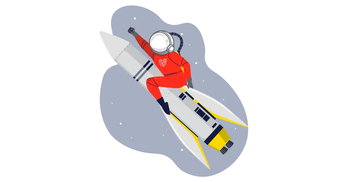 A laravel themed astronaut riding a rocket to space.