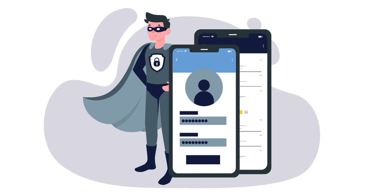 A super hero standing in front of two electronic devices, guarding the users private information. 